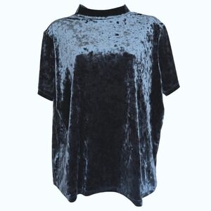 14th & Union Crushed Velvet Top Womens Size L Dark Blue‎ Mock Neck Short Sleeve